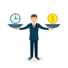 Time and money on scales icon. Man balances Money vs Time concept. Weights with clock and money. Vector illustration