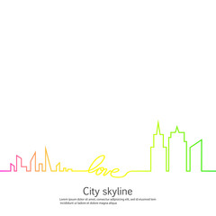 Fototapeta premium Silhouette of the city and heart and love in continuous drawing lines in a flat style. Modern urban landscape. Vector illustrations. City skyscrapers building office horizon.Continuous line drawing