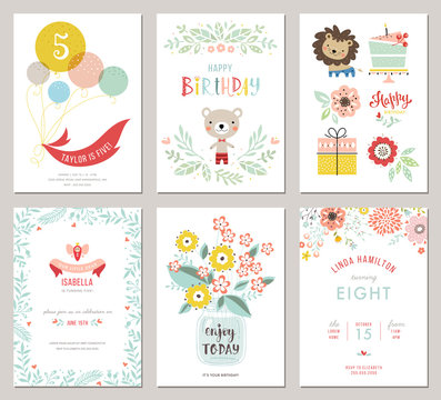 Happy birthday invitations and greeting cards templates. Vector illustration.