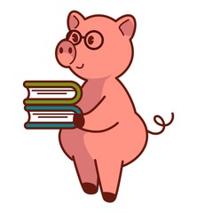 Big pink pig in glasses holds pile of books