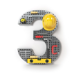 Number 3 three. Alphabet from the tools on the metal pegboard isolated on white.