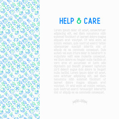 Help and care concept with thin line icons: symbols of support, help for children and disabled, togetherness, philanthropy and donation. Modern vector illustration, template for print media.