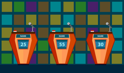 Quiz game with three tables with colorful flat cartoon background. Quiz brainy game. © Igor