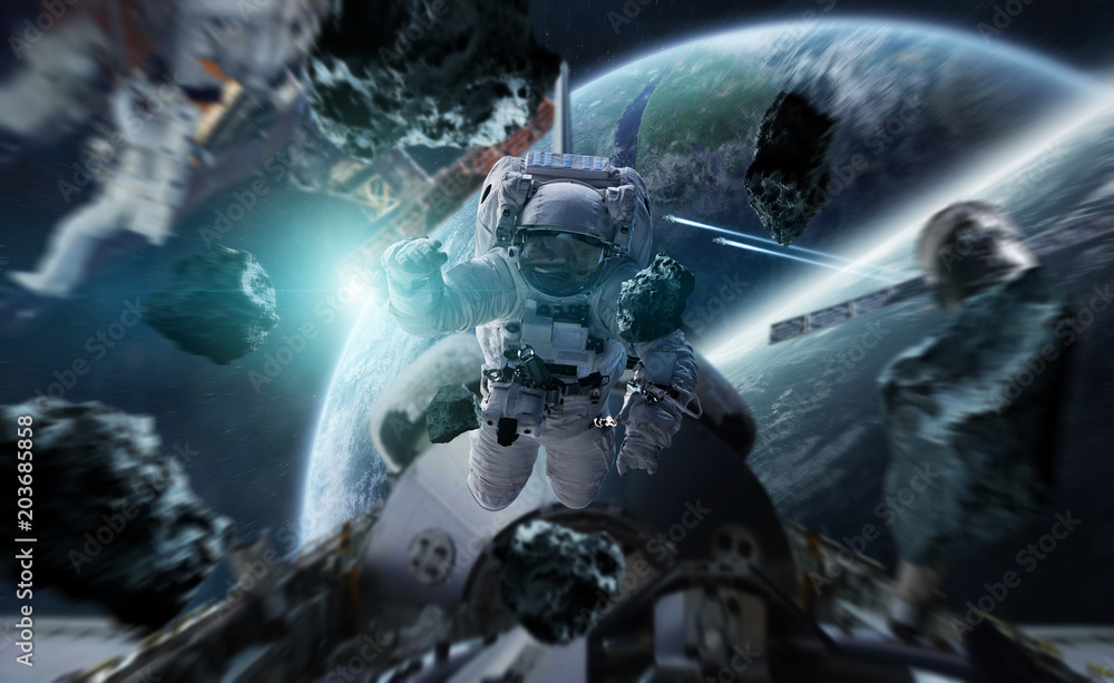 Poster astronaut working on a space station 3d rendering elements of this image furnished by nasa