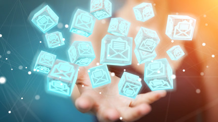 Businesswoman using floating cube emails 3D rendering