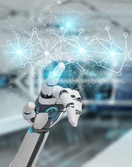 White cyborg hand using digital network connection 3D rendering