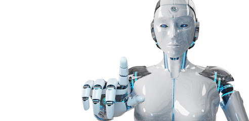 White woman cyborg pointing her finger 3D rendering