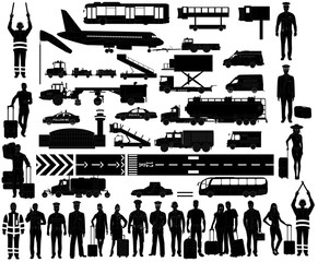 Airport Equipment and People, isolated silhouettes set, vector