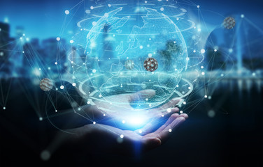 Businesswoman using globe network with digital connection 3D rendering
