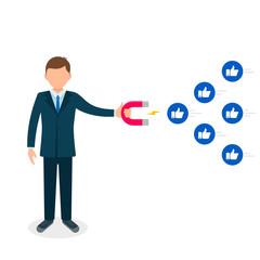 Young man attracting likes with a huge magnet, editable flat vector illustration. Social media marketing concept