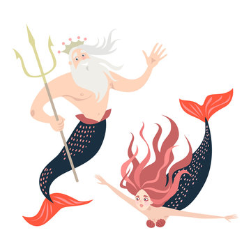 Funny cartoon mermaid and triton. Fairy tale characters Cute isolated vector illustrations on white background