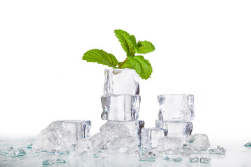 ice cubes and mint leaves isolated on a white background