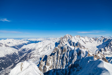 Picturesque view snowy mountain peaks panorama, Mont Blanc, Chamonix, Upper Savoy Alps, France