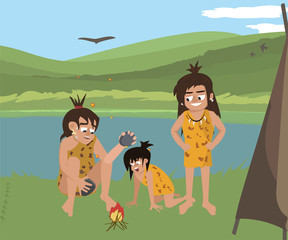 caveman family at wild nature landscape vector cartoon
