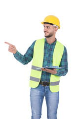 holding a clipboard and pointing