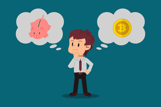 Investment decisions. An office man thinks about how to invest his salary, put his savings in a piggy bank or buy bitcoins.