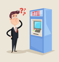 Office worker businessman manager person character thinking withdraw money transaction cash currency atm pos terminal credit card. Bank service payment concept. Vector flat isolated graphic design