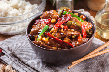 Homemade Kung Pao chicken with peppers and vegetables