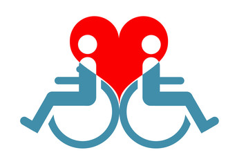 Symbol of disabled lovers sitting in a wheelchair against the background of a red heart