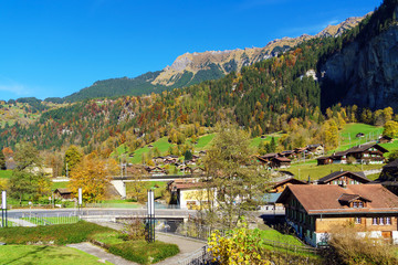 Traditional Chalets of village in Lauterbrunnen Valley, Bernese Highlands, Switzerland
