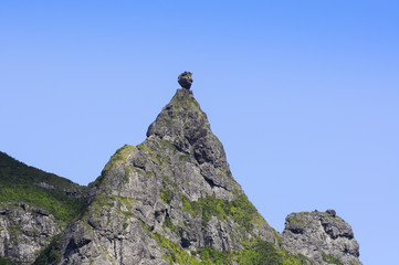 Pieter Both mountain, landmark of Mauritius in close up with blue sky