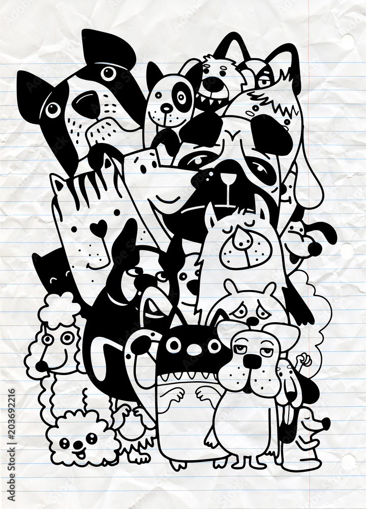 Poster hand drawn doodle funny dogs set, vector illustration.