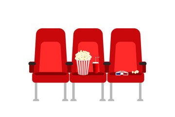 Fototapeta premium Cinema seats in a movie with popcorn, drinks and glasses. Flat vector cartoon Cinema seats illustration. Movie cinema premiere poster concept design. Show time