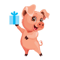 Vector cartoon cute piggy with the gift isolated on white background