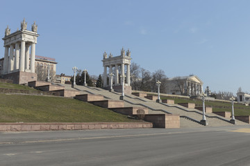 Volgograd, Russia, architectural ensemble of the Central embankment, in the early spring morning.