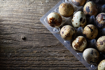 Quail eggs in a plastic container on a dark wooden background, top view, selective focus