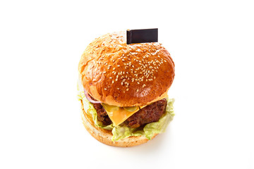 burger on a white background close up (top view)