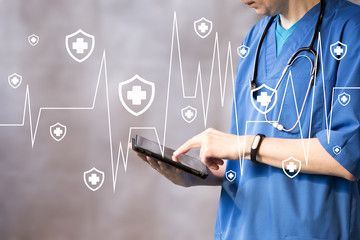 Doctor pushing button heart pulse security shield virus healthcare network on tablet virtual panel.
