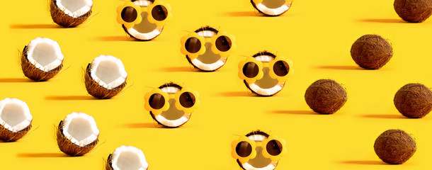 Series of coconuts wearing sunglasses on a yellow background