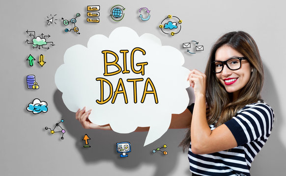 Bigdata text with young woman holding a speech bubble