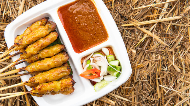 Grilled pork skewing satay served with saurce and cucumber prickle. DIsk is on the hay-made table.