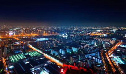 Fototapeta na wymiar Aerial view of the Osaka Bay harbor area at night