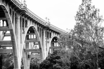 A photo from below of the Pasadena Bridge, Pasadena California