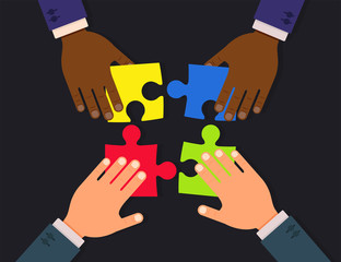 Teamwork vector flat concept illustraion design. Businessmen hands create puzzle together