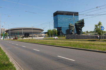 Fototapeta na wymiar KATOWICE, POLAND - MAY 05, 2018: Panoramic view in modern district of Katowice, Silesia, South of Poland.