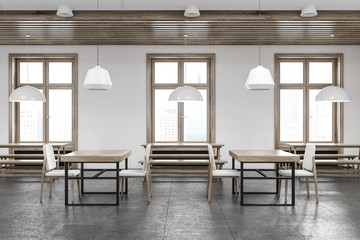 White wall bar with wooden benches