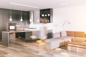 White gray living room and kitchen corner toned