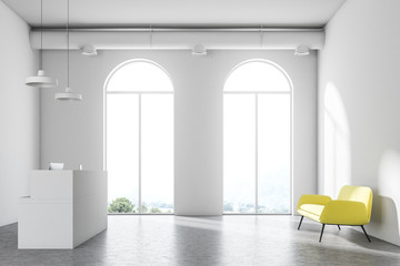 White reception in arched windows office, armchair