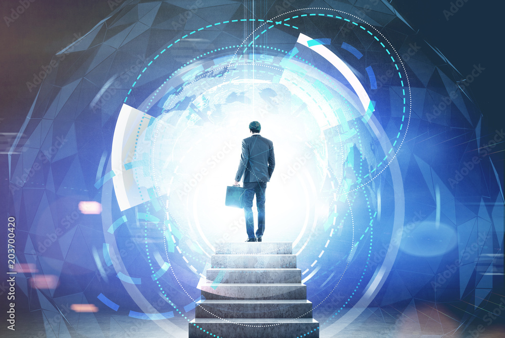 Poster man entering a portal, futuristic hud interface