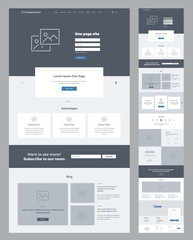 Fototapeta na wymiar One page website design template for business. Landing page wireframe. Flat modern responsive design. Ux ui website: home, advantages, features, blog, testimonials, partners, benefits, contacts, form.