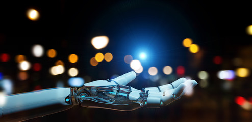 White cyborg opening his hand 3D rendering