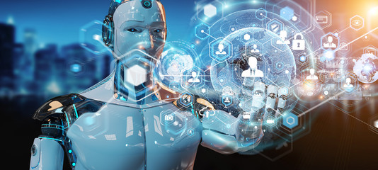 White male robot using digital screen interface 3D rendering