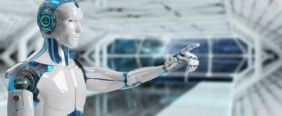 White male cyborg pointing his finger 3D rendering