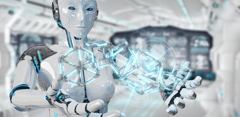 White robot creating future technology structure 3D rendering
