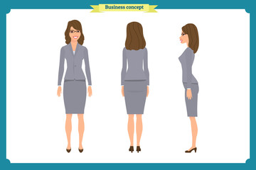 Obraz premium Set of Businesswoman character design.Front, side, back.Business girl, woman. Cartoon style, flat vector isolated.