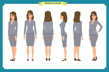 Obraz premium Set of Businesswoman character design.Front, side, back.Business girl, woman. Cartoon style, flat vector isolated.